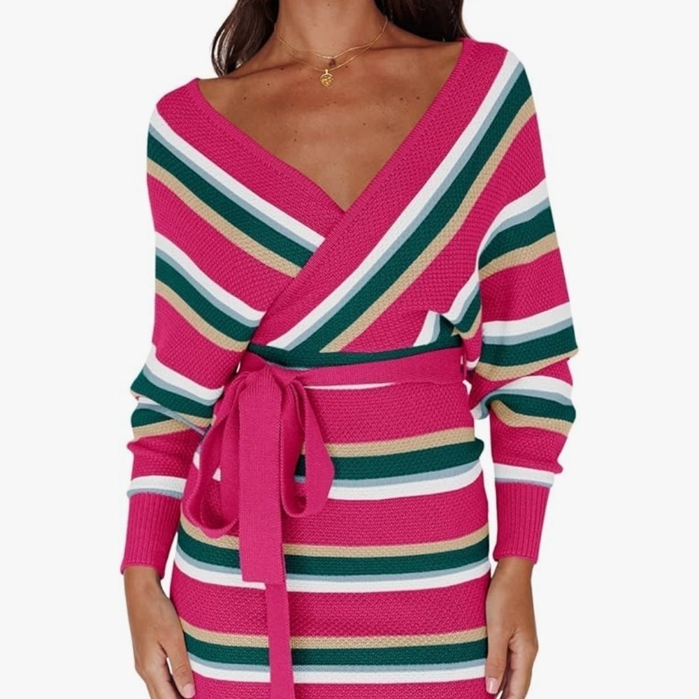 NEW Saodimallsu Striped V-Neck Mini Dress - XL - Pink & Green Knit Bodycon